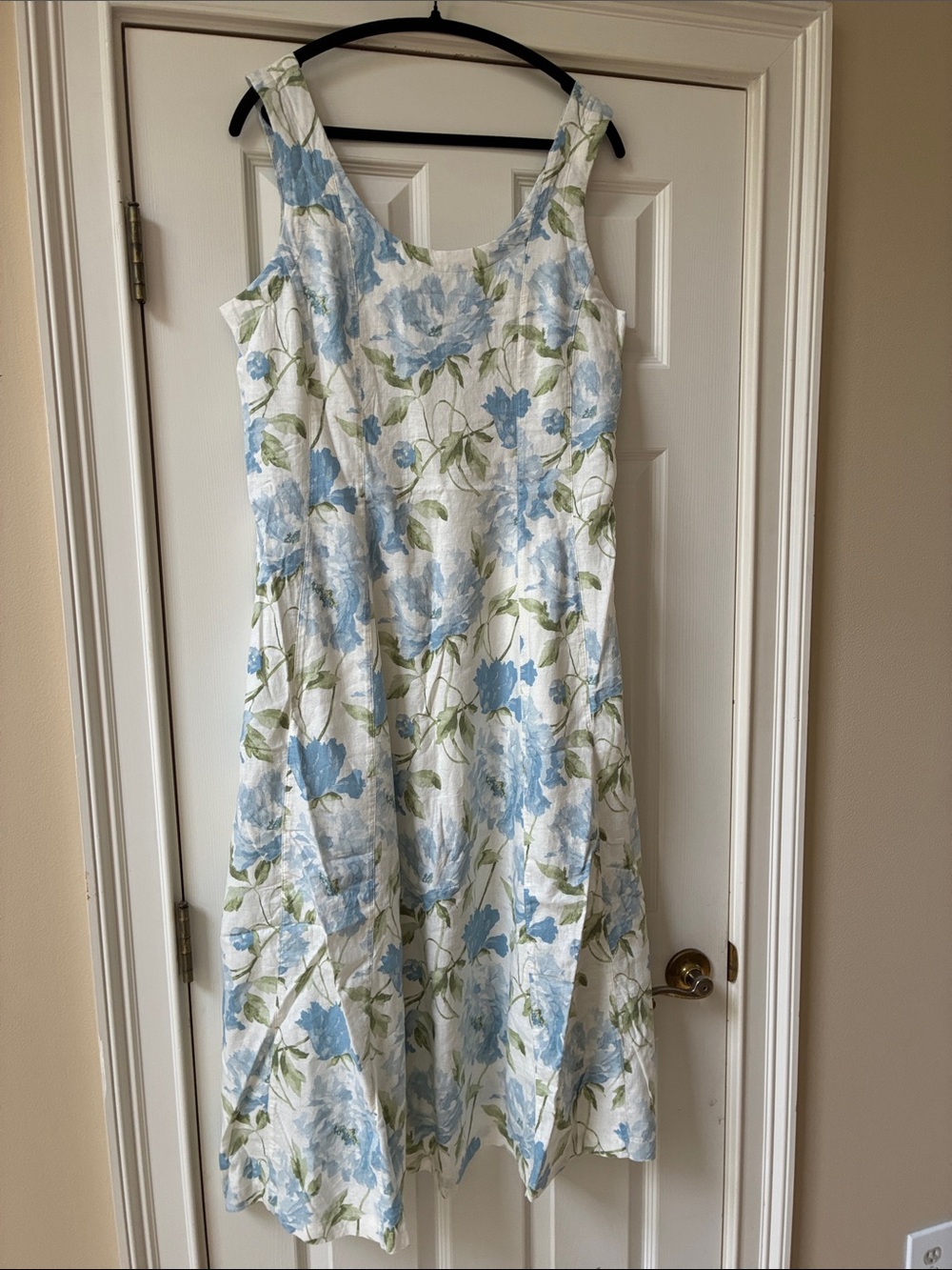 NWT Laura Ashley linen White Floral Seamed Sundress with Blue and Green Print.